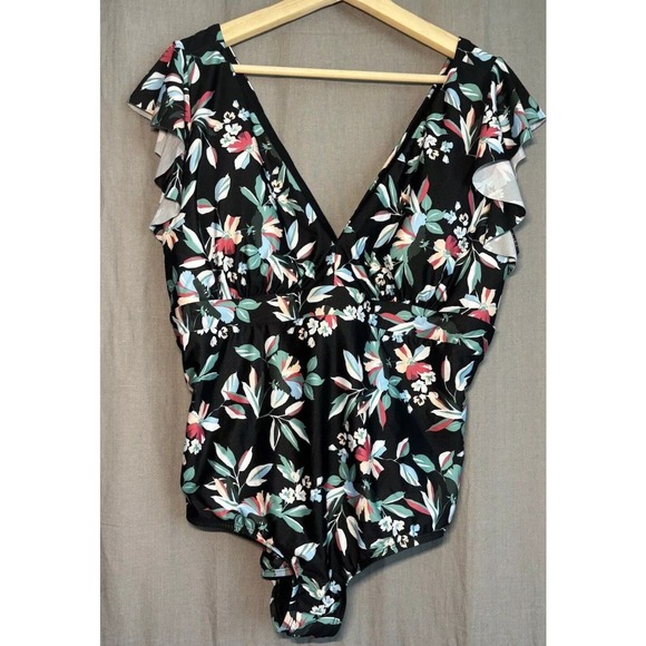 NEW MODCLOTH The Kelsie One Piece Swimsuit Floral Bathing Suit Black Teal 2X - Picture 5 of 11
